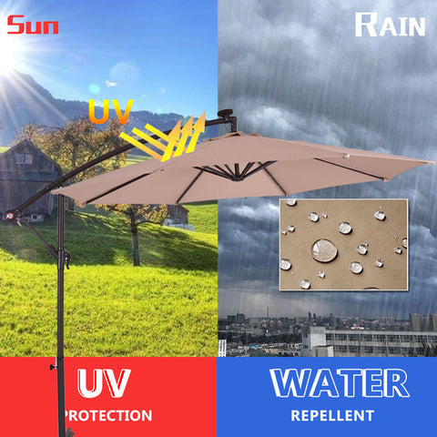 BRAVO! Castway 10' Hanging Solar LED Umbrella Patio Sun Shade Offset Market W/Base Beige