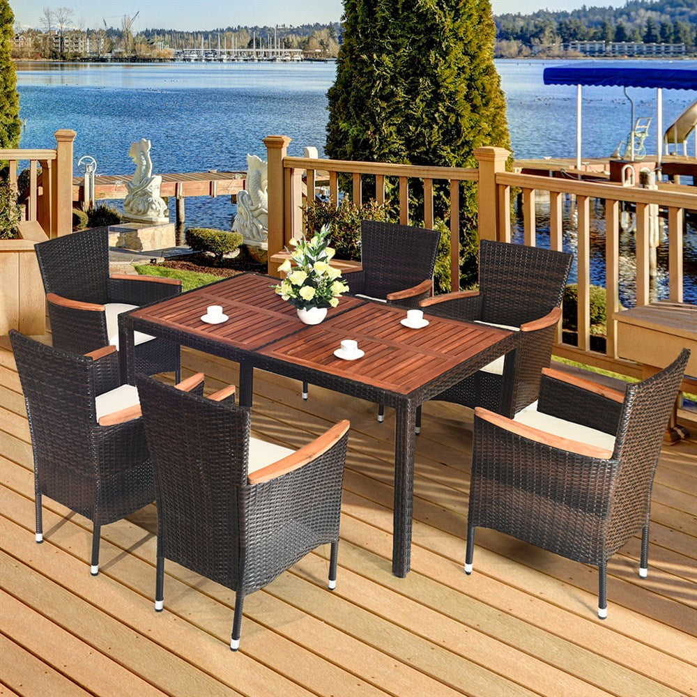 BRAVO! Castaway 7PCS Patio Rattan Dining Set 6 Stackable Chairs Cushioned