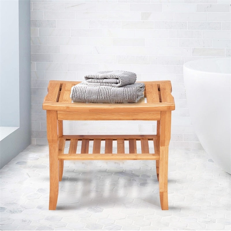 Bathroom Bamboo Shower Chair Bench with Storage Shelf Bathroom Waterproof Shower Bath Chair Stool US Free Shipping BA7268