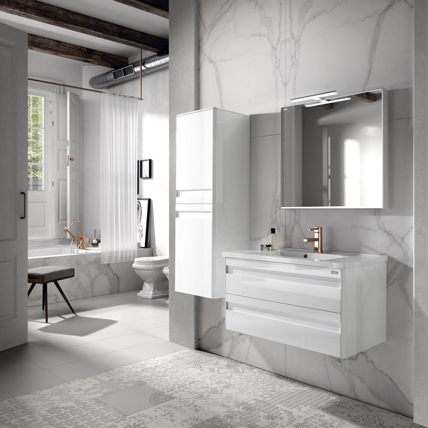 48" Single Vanity, Wall Mount, 2 Drawers with Soft Close, White, Serie Barcelona by VALENZUELA